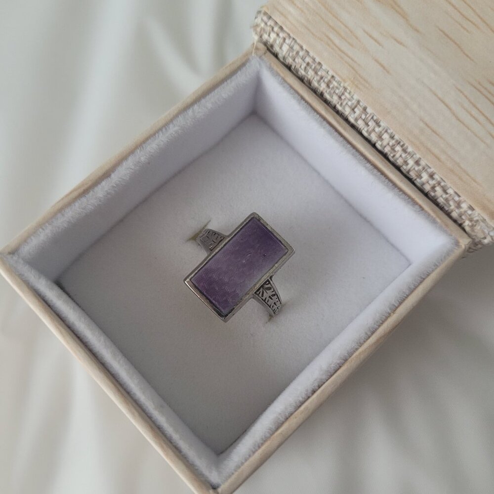 Antique Purple Signet Sterling Silver Ostby Barton Ring Art Deco Era Guilloche - Picture 2 of 14